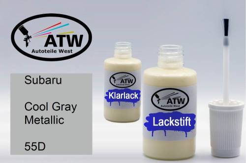 Subaru, Cool Gray Metallic, 55D: 20ml Lackstift + 20ml Klarlack - Set, von ATW Autoteile West.